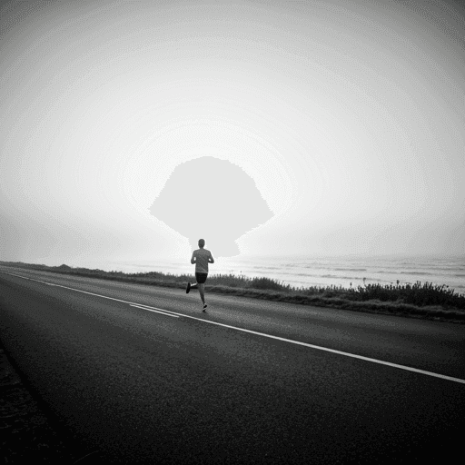 Monochromes Hero-Bild eines Laeufers auf einer nebligen Kuestenstrasse